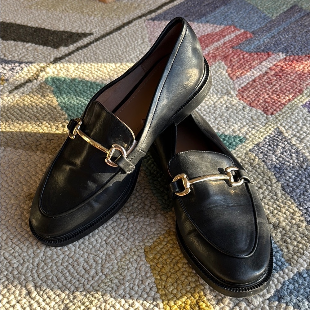 H&M Black Leather Loafers with Gold Buckle